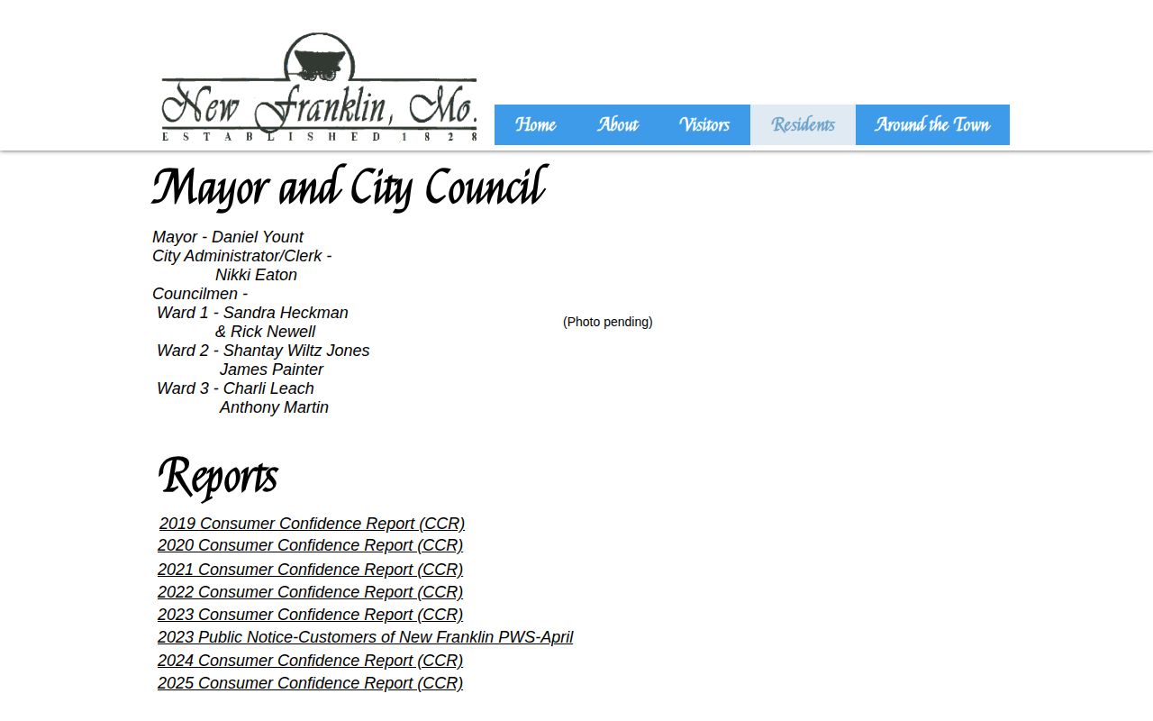 Official New Franklin Missouri city page with municipal contact information