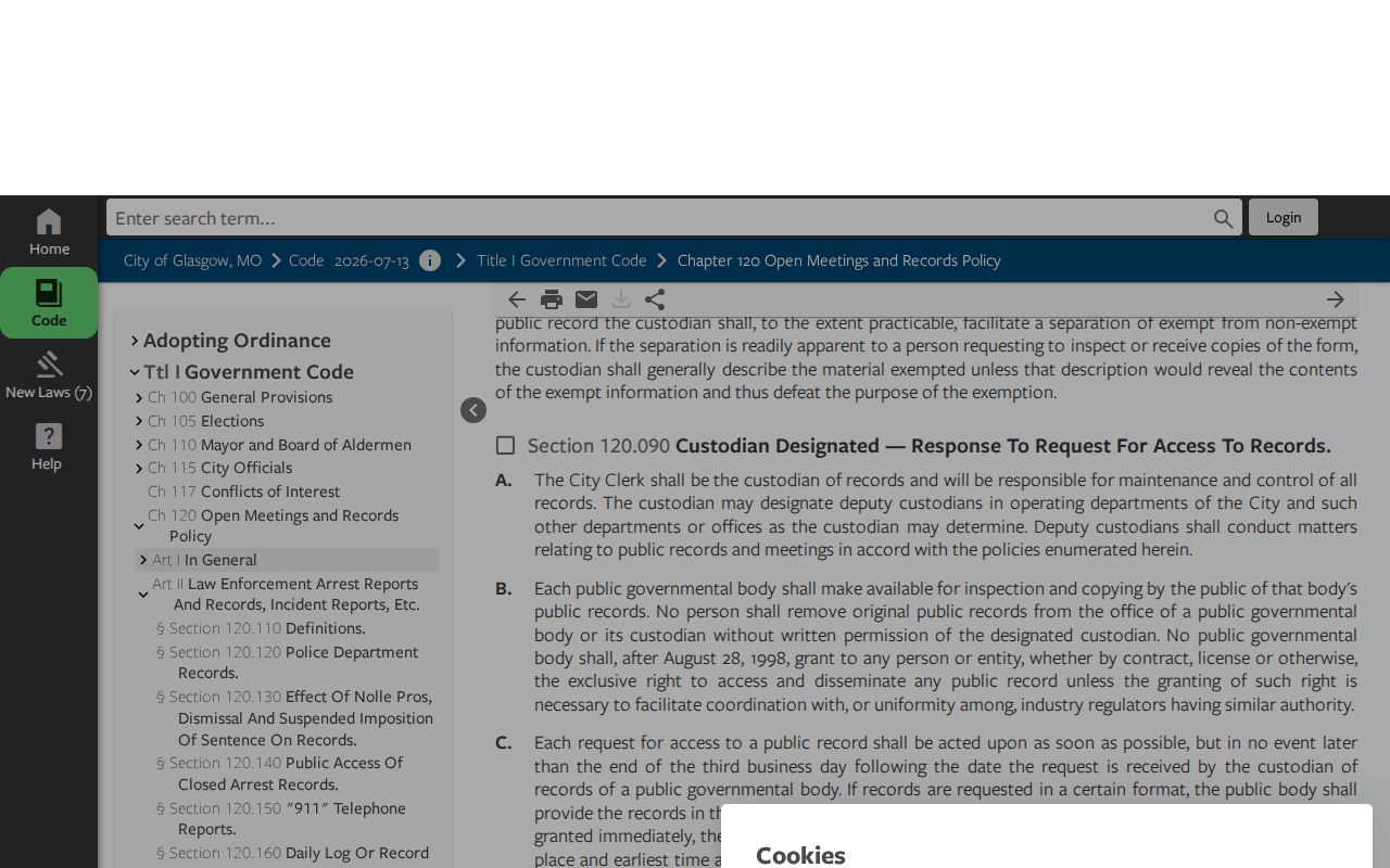Glasgow municipal code page concerning daily logs and arrest reports