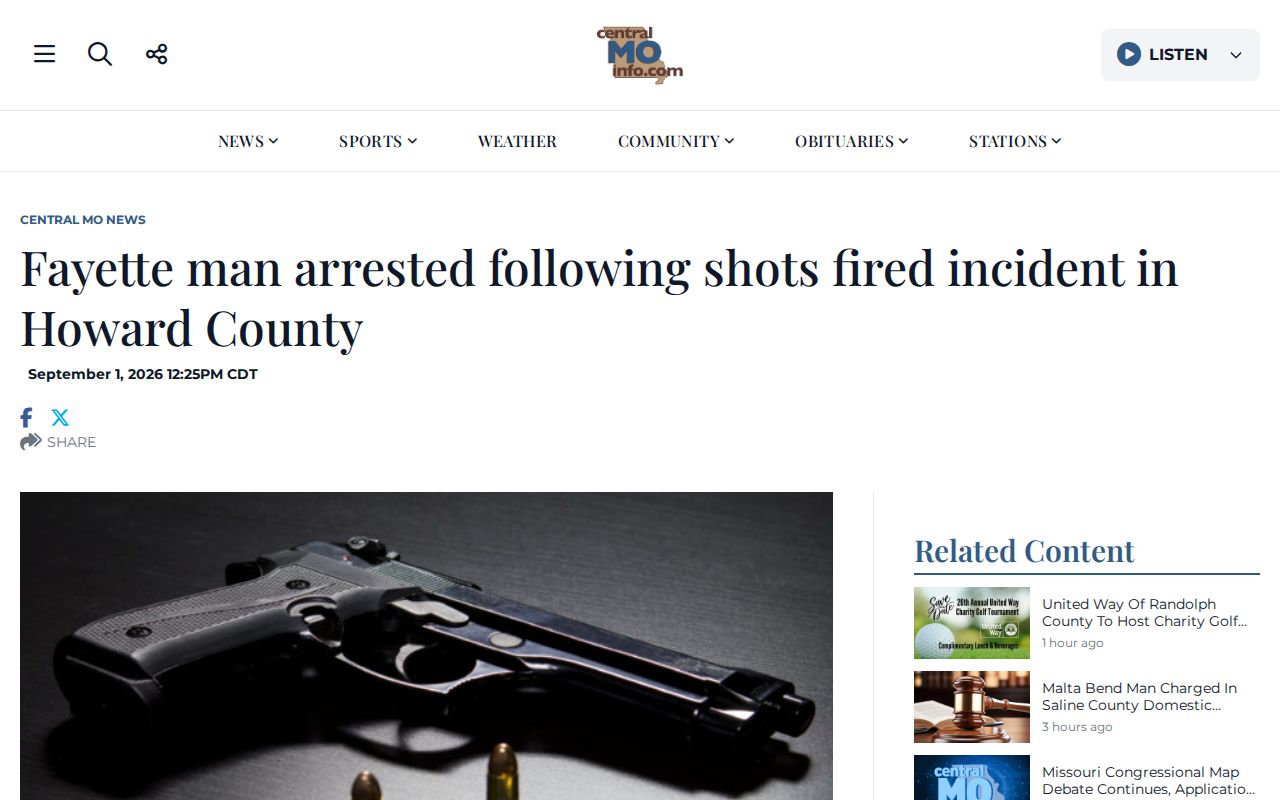Central Missouri news page showing event-based Howard County arrest coverage