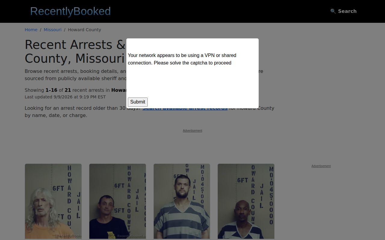 Unofficial RecentlyBooked Howard County page shown as a caveated lead