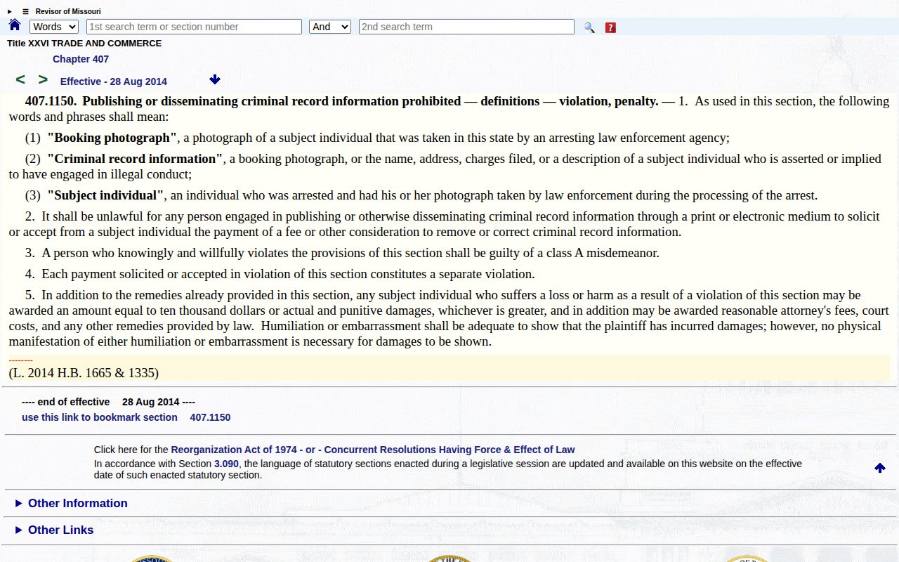 Missouri law governing payment demands for Howard County booking photo and arrest record removal