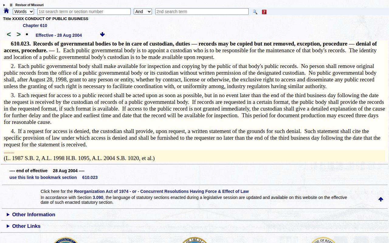 Howard County arrest record request context in Missouri section 610.023